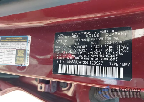 2016 Hyundai Tucson Se из США, поврежденный, VIN KM8J3CA43GU125927